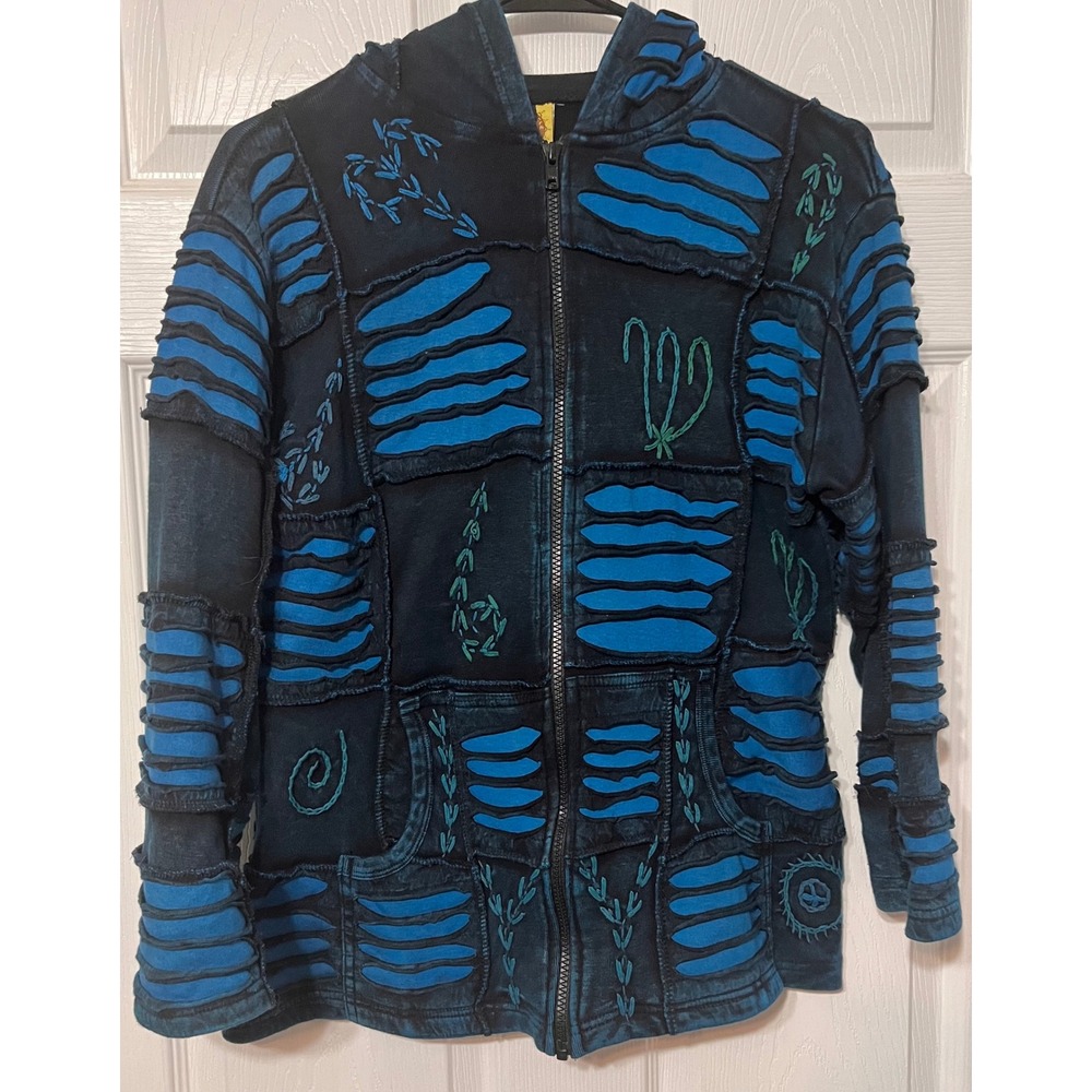 Karma‎ Circle USA Womens Patchwork Slash Cut Embroidered Hoodie Blue Black READ